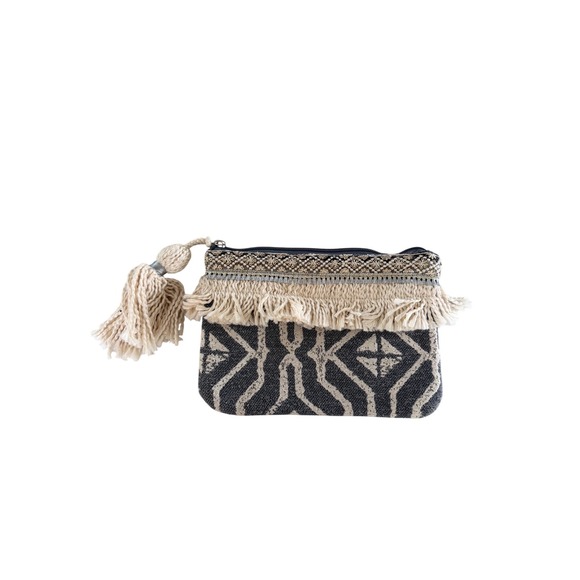 Jen & Co. Handbags - Jen & Co Handcrafted Boho Geometric Fringe Tassel Clutch‎ Bag Charcoal Cream